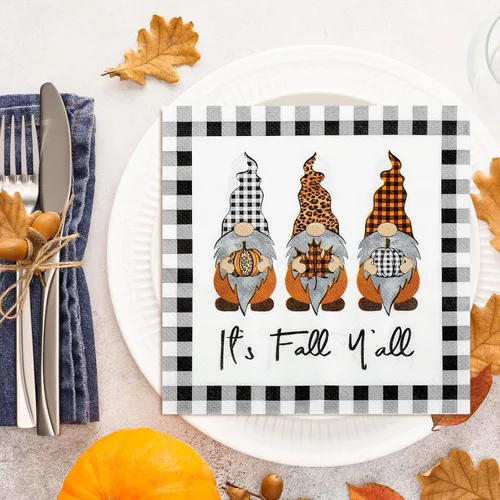 Miniatura 5 de AnyDesign Paquete de 80 servilletas de papel de gnomo de otoño, desechables, con texto en inglés "It's Fall Y'all", servilletas de almuerzo a