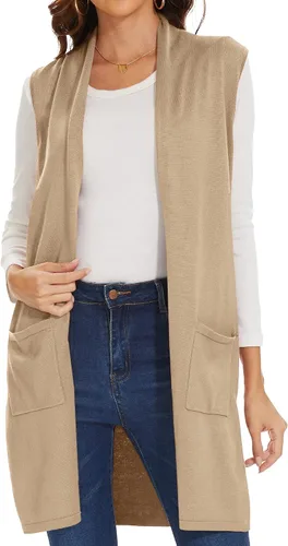 Miniatura 5 de Chaleco de punto largo para mujer, sin mangas, con bolsillos, frente abierto, drapeado, chaleco casual
