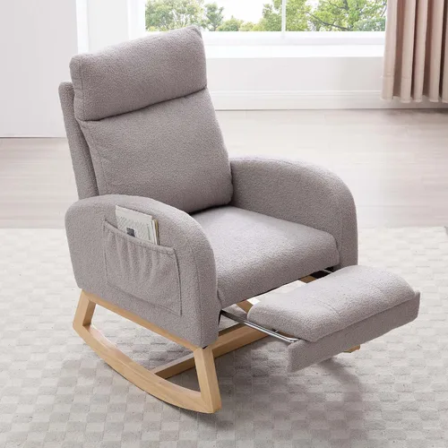Miniatura 11 de Mecedora de lactancia de 40 pulgadas, sillas de guardería con reposapiés ajustable, respaldo alto, sillón tapizado con bolsillos laterales, mecedora