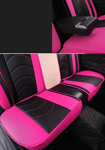 Miniatura 4 de Juego completo de fundas de asiento de piel para cuatro estaciones, diseño de oso de dibujos animados, 5 asientos, ajuste universal (negro y rosa)