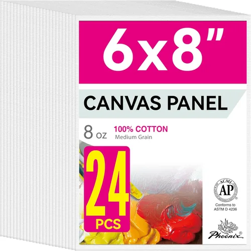 PHOENIX Paneles de Lienzo para Pintura 6x8 Pulgadas, Paquete de 24 - 8 Oz Tablas de Lienzo de Algodón 100% Triple Impregnadas y Libres de Ácido para
