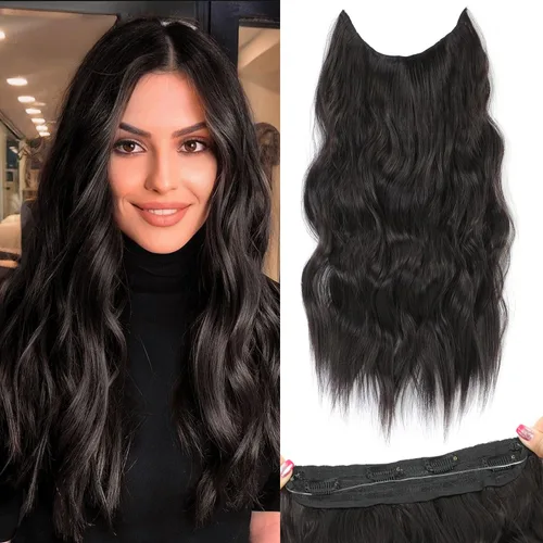 Miniatura 12 de Extensiones de cabello con halo de 12 pulgadas con alambre invisible, cabello largo ondulado ajustable, sintético, mejora con 4 clips de seguridad