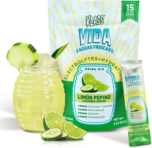 KLASS VIDA Mezcla para Bebida de Electrolitos – Sabor Agua Fresca de Pepino y Limonada de Lima | Polvo de Hidratación Sin Azúcar con Agua de Coco y
