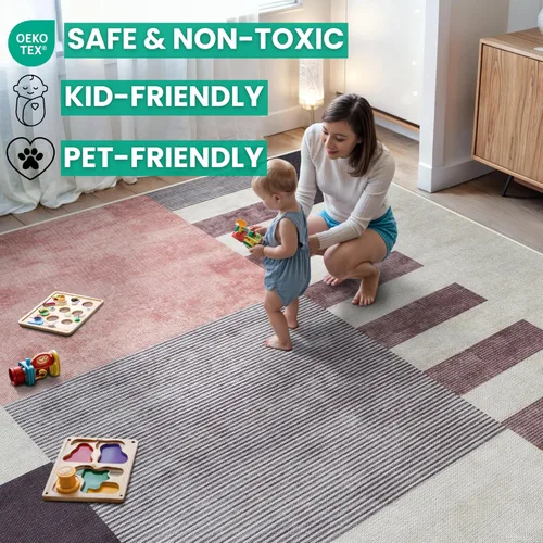 Miniatura 5 de Bloom Rugs Alfombra de pasillo lavable antideslizante de 12 pies – Beige/rosa moderno geométrico para entrada, pasillo, baño y cocina