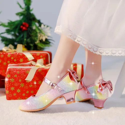 Miniatura 8 de Dufannie Zapatos de vestir para niñas, zapatos de tacón bajo de princesa, zapatos planos con purpurina para bodas y fiestas