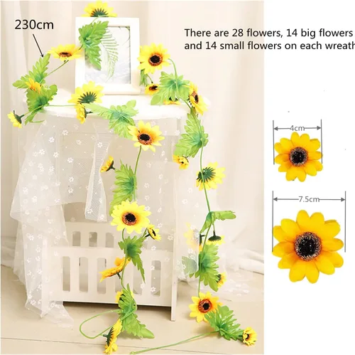 2 guirnaldas artificiales de girasol, vid de girasol con hojas, guirnalda colgante con hojas verdes, arco de flores falsas para exteriores, arreglo
