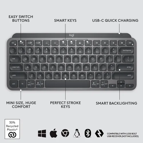 Miniatura 7 de Logitech MX Keys Mini - Teclado minimalista, iluminado, inalámbrico, compacto, con Bluetooth, retroiluminación, USB-C, compatible con Apple macOS