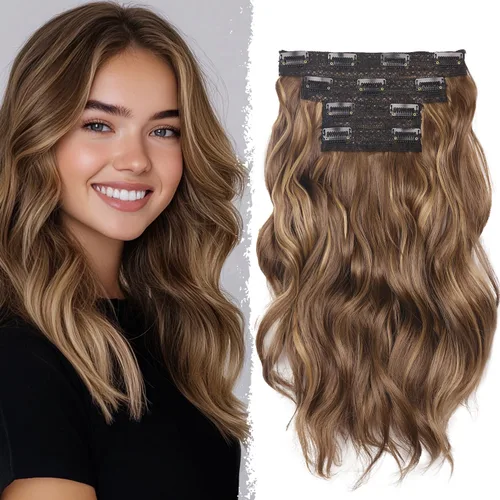 Miniatura 18 de 4 extensiones de cabello sintético con clip, extensiones de cabello rizado de 20 pulgadas de largo con clip (color: marrón medio)