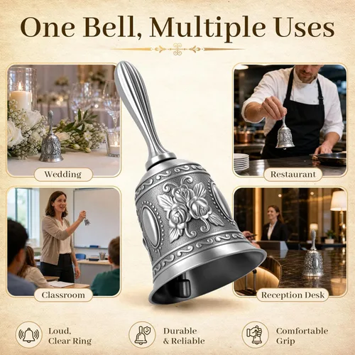 Miniatura 3 de DomeStar Campana de Mano Plateada – Campana de Sonido Fuerte para Cama, Cena, Boda, Navidad y Fiesta de Vacaciones Plata