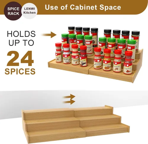Miniatura 7 de Lenwi Organizador de estante de especias para gabinete, de bambú expandible de 3 niveles, ideal para gabinete de cocina, armario, despensa y más