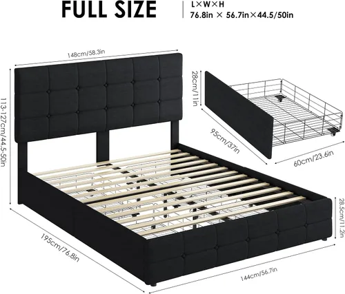 Miniatura 2 de Moderna base de cama tapizada con 4 cajones de almacenamiento, cama de plataforma con cabecera capitonada con botones ajustables, soporte de Negro