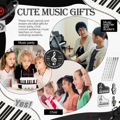 Miniatura 5 de 96 lápices de música, lápices de notas musicales y borradores, regalos de recital de piano, borradores de teclado de piano de madera, recuerdos