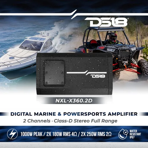 Miniatura 2 de DS18 NXL-X360.2D - Amplificador marino a prueba de agua de 2 canales - Clase D de rango completo 180 x 2 vatios @ 4-Ohm 1000 vatios pico - Ideal
