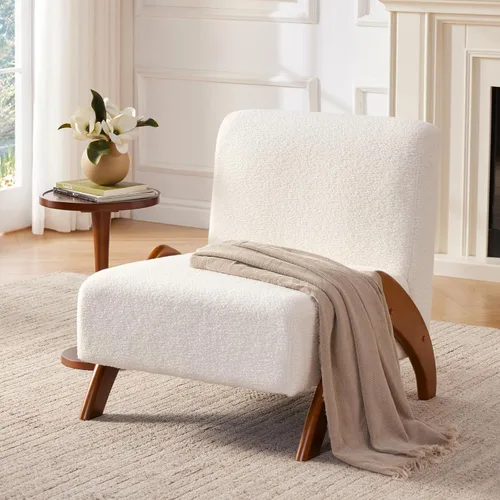 Silla decorativa de gran tamaño, tapizada sin brazos de mediados de siglo, moderna silla de sala de estar con patas de madera para dormitorio, Crema