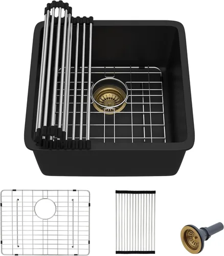 Miniatura 26 de Fregadero de preparación de barra de montaje inferior de 12 x 16 pulgadas, color negro mate, compuesto de cuarzo, clásico bajo encimera, lavabo