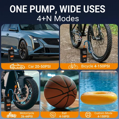 Miniatura 7 de Inflador de neumáticos inalámbrico, compresor de aire portátil de 150 PSI, inflado 4 veces más rápido, bomba de bicicleta compacta con indicador