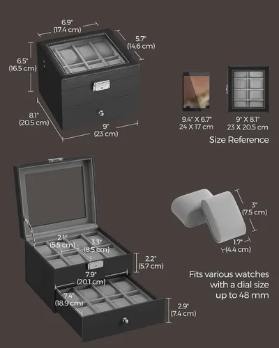 Miniatura 6 de SONGMICS Caja de reloj de 16 ranuras, caja de reloj con tapa de vidrio, 2 capas, vitrina de reloj con cerradura, cuero sintético negro, forro gris