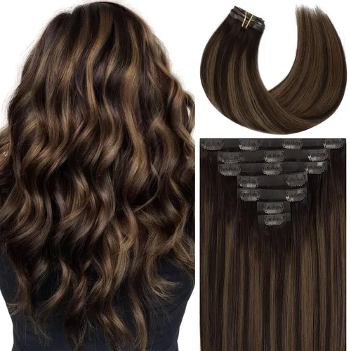 Miniatura 74 de Loxxy Extensiones de cabello humano con clip, sin costuras, 22 pulgadas, color marrón oscuro a castaño oscuro y marrón oscuro, 7 piezas
