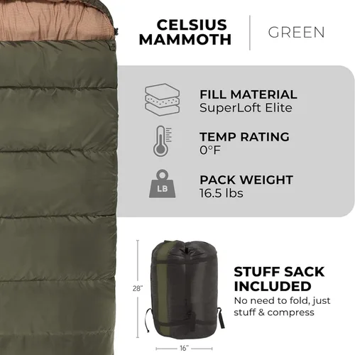Miniatura 3 de Teton Mammoth - Saco de dormir doble tamaño Queen - Una bolsa cálida que toda la familia puede disfrutar, ideal para camping, caza y campamento Verde