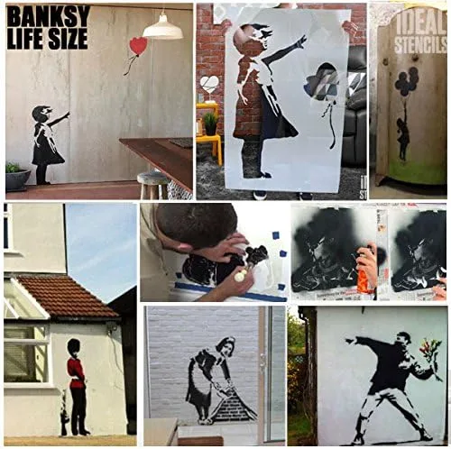 Miniatura 5 de Banksy Stencil - Nola Umbrella Rain Girl Decoración reutilizable para el hogar y pintura artística (XL/17.3 x 30.7 in)