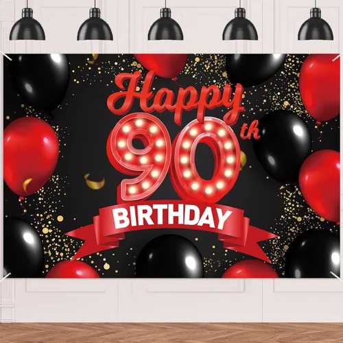 Cartel de feliz cumpleaños 90, fondo rojo y negro, decoración de telón de fondo con globos, tema para niñas, mujeres, princesas, decoración de
