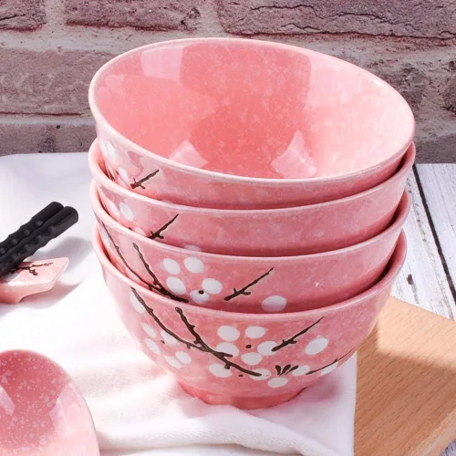 Miniatura 5 de Juego de 4 cuencos de arroz japoneses – Juego de 4 cuencos de cerámica de ciruela rosa pintados a mano para postres y sopa de cereales