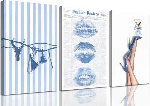 3 piezas de arte de pared moderno Coquette Labios azules, bikini y tacones con lazo decoración de pared Vintage Martini periódico en lienzo Carteles