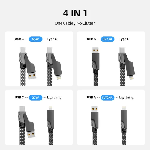 Miniatura 2 de Cable de Carga 4 en 1 de Carga Rápida de 65W, Cable USB C 4 en 1 Cable de Carga Múltiple USB con Chip E-Mark, Cable Cargador Múltiple para iPhone