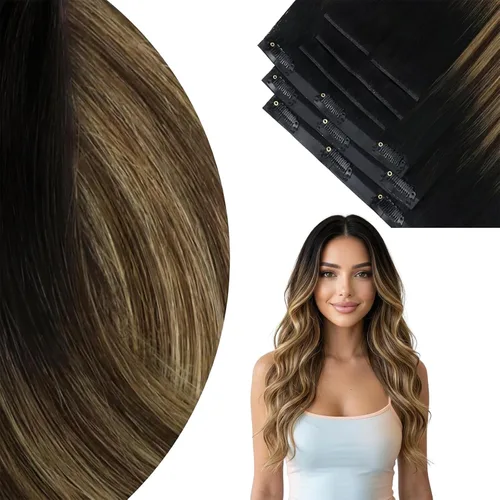 Miniatura 57 de Ve Sunny Extensiones de cabello clip-in de cabello humano real con reflejos, extensiones de cabello con clip para cabello corto, marrón oscuro