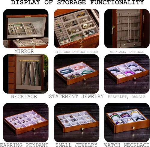 Miniatura 5 de Joyero de madera, cajas de joyería para mujeres, caja de joyas y organizadores con colgador de collares, organizador de joyas, caja