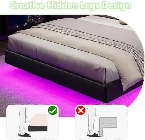 Miniatura 5 de IMMERSTABLE Marco de cama flotante tamaño Queen, marco de cama tapizado tamaño Queen con cabecero, luces LED RGB, soporte de listones de madera Negro