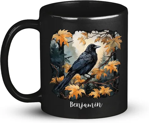 Taza de café personalizada de cuervo con nombre de amante de cuervos, taza de café negra personalizada de animales de 11 onzas y 15 onzas, taza de