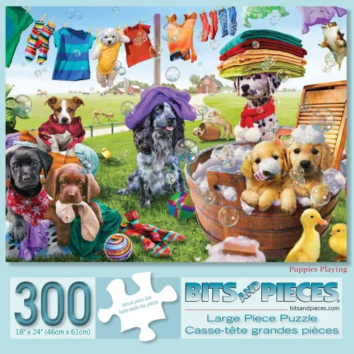 Miniatura 2 de Bits and Pieces Rompecabezas grande de 300 piezas para adultos – 'Puppies Playing' por el artista Adrian Chesterman, tamaño del rompecabezas