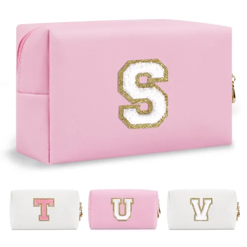 Miniatura 312 de Pequeña bolsa de maquillaje personalizada con inicial A-Z Preppy Patch, bolsa de cosméticos de viaje de felpilla blanca con cremallera, bonita bolsa