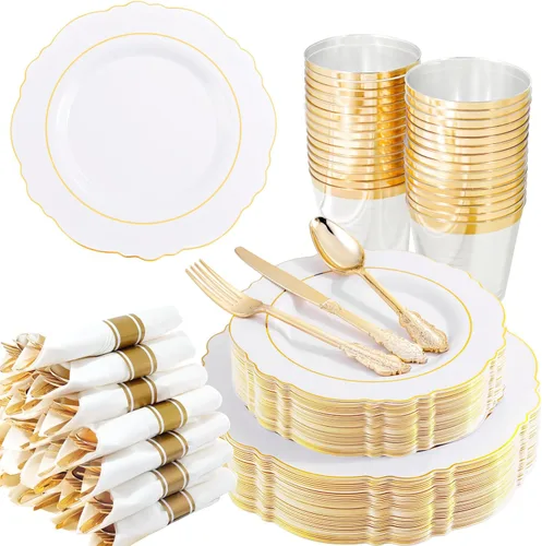 Liacere 350 platos de plástico dorados, platos desechables blancos y dorados, vajilla de plástico barroco para 50 invitados, incluye 100 platos, 50