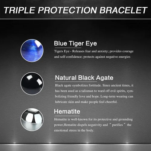 Miniatura 19 de DHQH Triple Protection Bracelet 8/10MM Hematite Black Agate Tigers Eye Stone Bracelet Crystal Jewelry Healing Bead Bracelets for Men Bring Luck