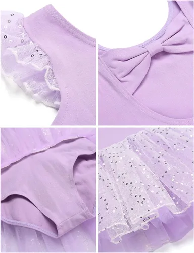 Miniatura 8 de Zaclotre Leotardos de ballet de manga con vuelo para niñas con falda tutú, vestido de baile con lazo en la espalda, trajes de bailarina brillantes