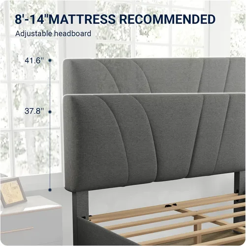 Miniatura 4 de Avenco - Base de cama tamaño Queen, plataforma tapizada con cabecero ajustable, soporte de listones de madera, fácil montaje, no necesita somier