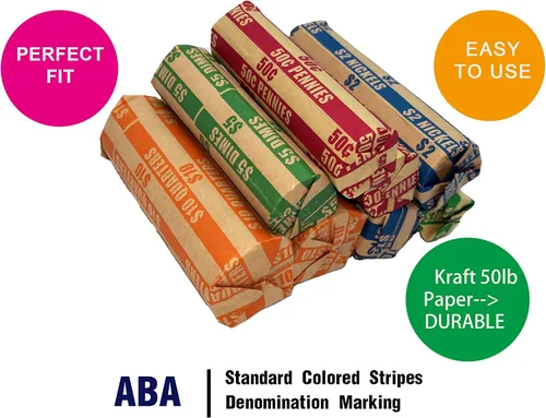 Miniatura 4 de Paquete surtido de 300 envoltorios planos para monedas, papel kraft duradero a rayas de colores estándar ABA
