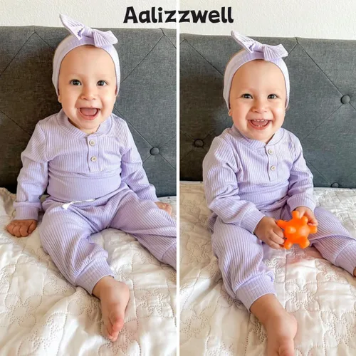 Miniatura 3 de Aalizzwell Traje acanalado de manga larga neutral para bebé con sombrero y diadema