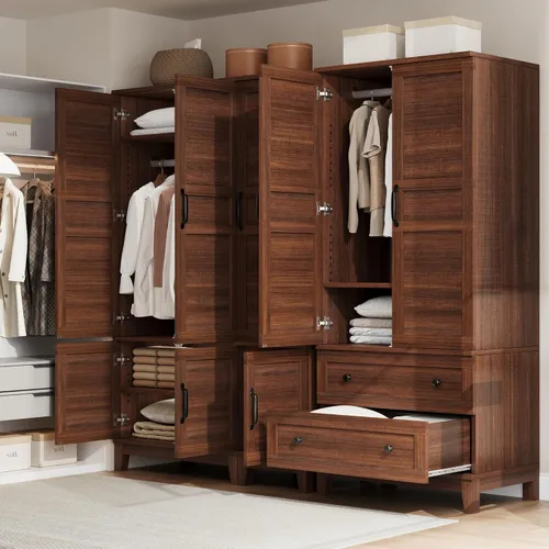 Miniatura 8 de GarveeHome Armario de 72 pulgadas de alto con 4 puertas, armario grande de madera con barra para colgar y estantes ajustables, armario