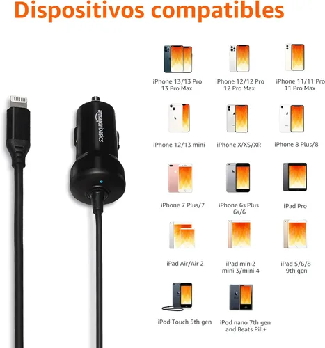 Miniatura 2 de Amazon Basics Cargador de coche de carga rápida de 12 W (5 V, 2.4 A) con cable Lightning en espiral para iPhone, iPad y dispositivos Apple, 1.5