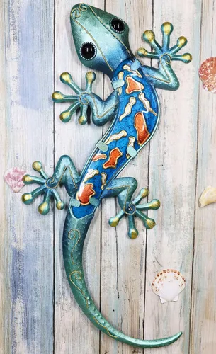 Miniatura 2 de Ebros Gift Gecko de lagarto de metal turquesa grande con cuerpo de vidrio azul, decoración de pared de 18.5 pulgadas de largo, diseño de metal