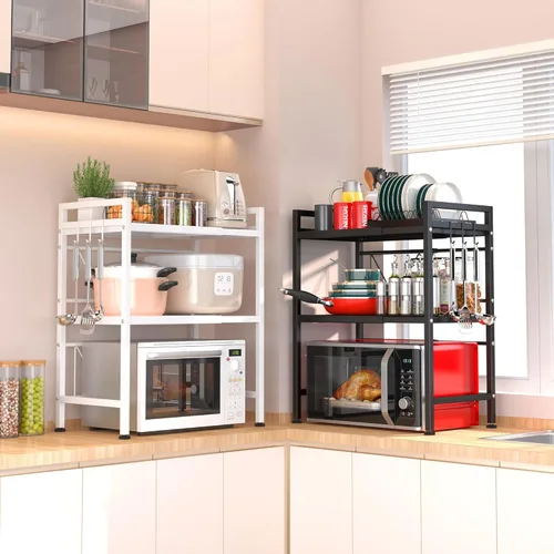 Miniatura 2 de PUSDON Estante para horno de microondas, estante ajustable resistente de 3 niveles con 3 ganchos para organizador de encimera de cocina, con Negro