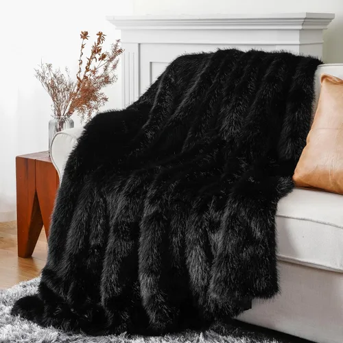 Miniatura 9 de BATTILO HOME Manta de Tiro de Piel Sintética Negra Mullida y Lujosa, Manta Negra para Sofá, Sillón, Silla, Cama, Mantas de Piel Mullida, Suave