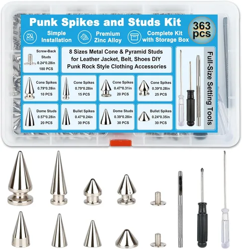 Domthent Kit de clavos y tachuelas punk, 363 juegos con tachuelas de tornillo, 8 tamaños de cono de metal y tachuelas piramidales para chaqueta de