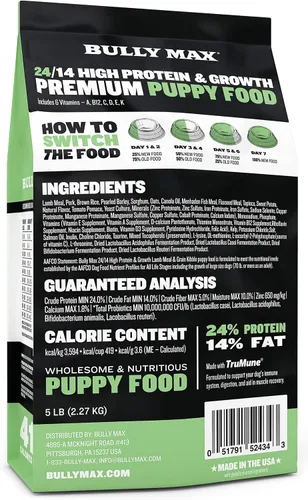 Miniatura 6 de Bully Max Puppy Food 24/14 con alto contenido de proteínas y fórmula de crecimiento, alimento seco para perros con cordero y arroz para perros