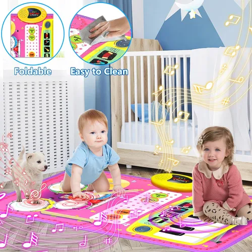 Miniatura 6 de Juguetes de Alfombra Musical 2 en 1 para niños de 1, 2, 3, 4, 5 años, teclado de piano y batería con 2 baquetas, juguetes educativos de aprendizaje