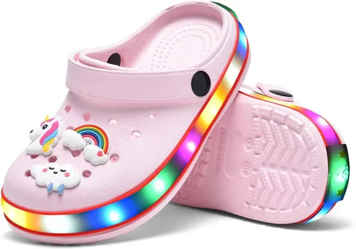 Miniatura 5 de XPKWS Zuecos para niños pequeños, niños y niñas, zapatos de jardín con luces LED, sandalias ligeras con luces, antideslizantes, de secado rápido