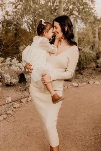 Miniatura 3 de Vestido de maternidad de manga larga con cuello en V y tejido elástico, ropa de embarazo para sesión de fotos, baby shower